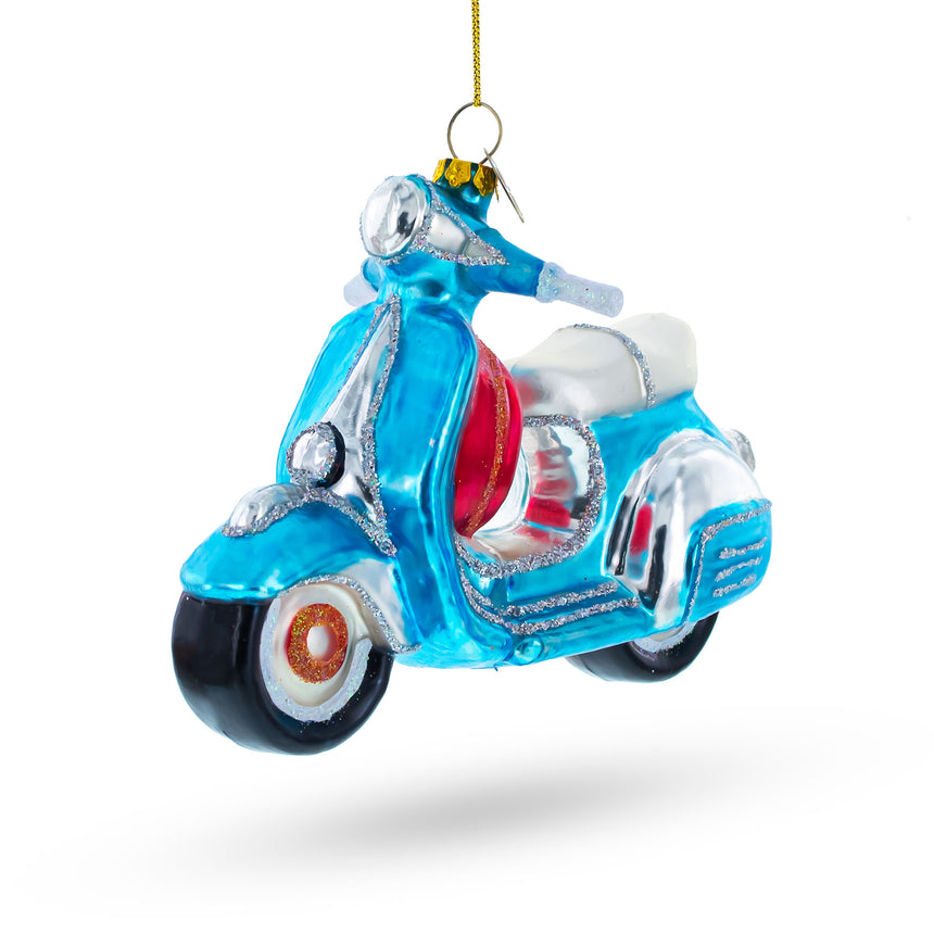 Glass Blue Retro Scooter Blown Glass Christmas Ornament in Multi color