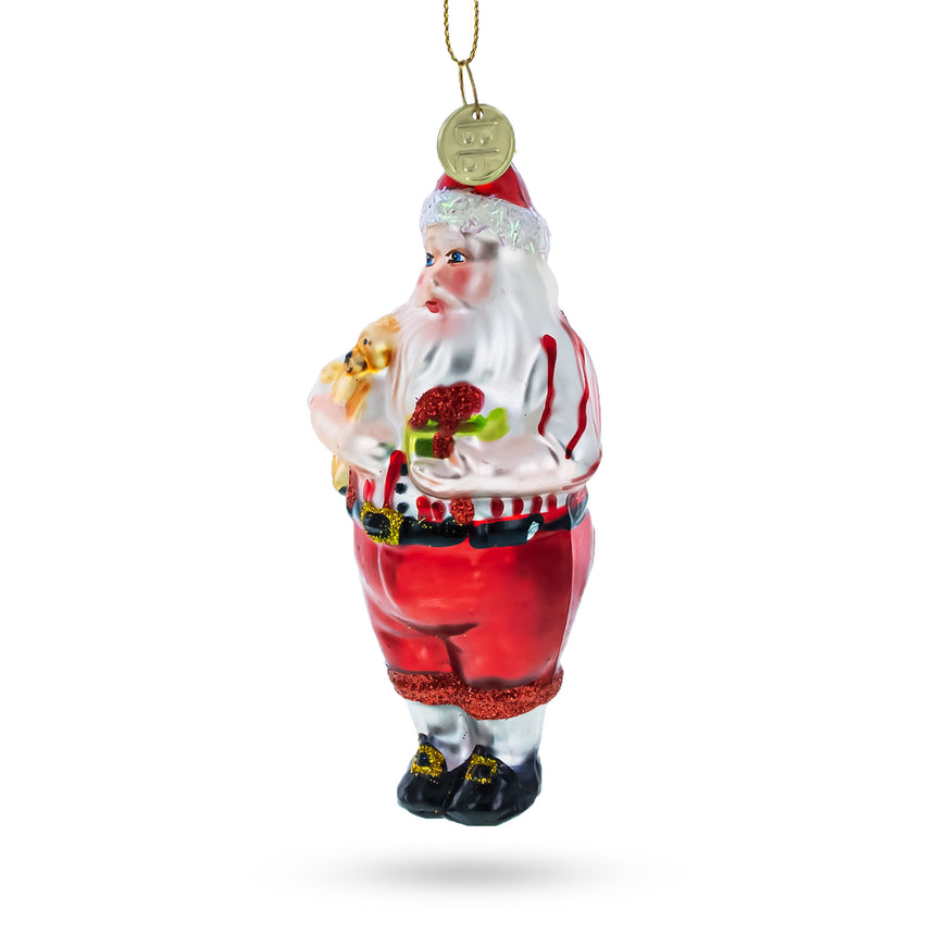 Glass Santa Holding a Teddy Bear Blown Glass Christmas Ornament in Red color