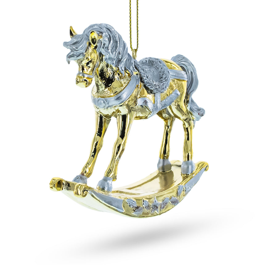 Glass Elegant Golden Rocking Horse Blown Glass Christmas Ornament in Multi color