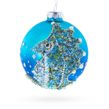 Glass Elegant Beaded Seahorse Blown Glass Christmas Ornament in Blue color Round