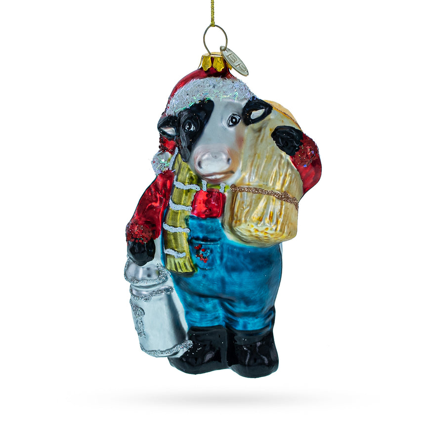 Glass Cow Carrying Milk Jug Blown Glass Christmas Ornament in Multi color