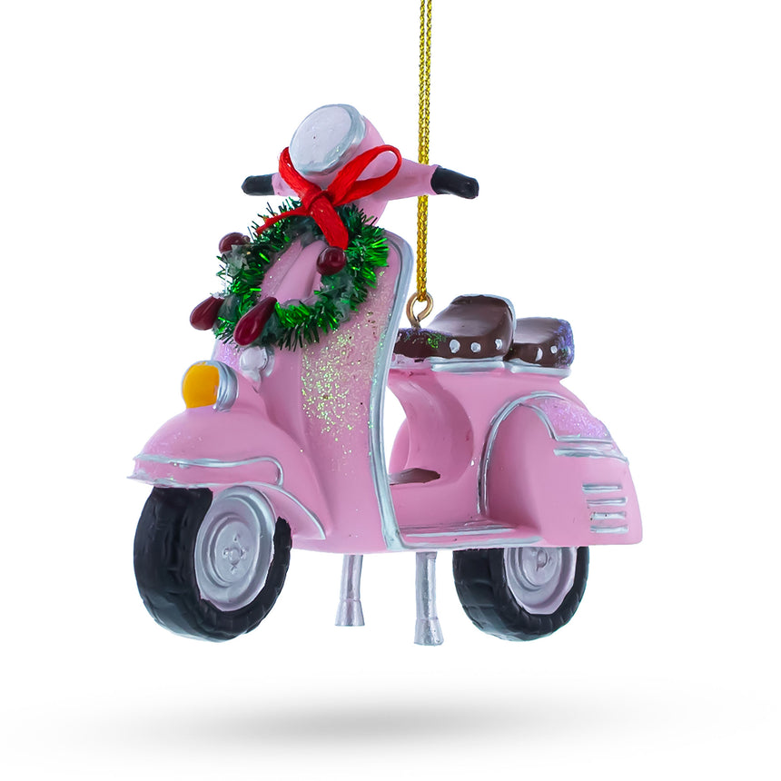 Glass Retro Scooter with Festive Wreath Christmas Ornament in Pink color