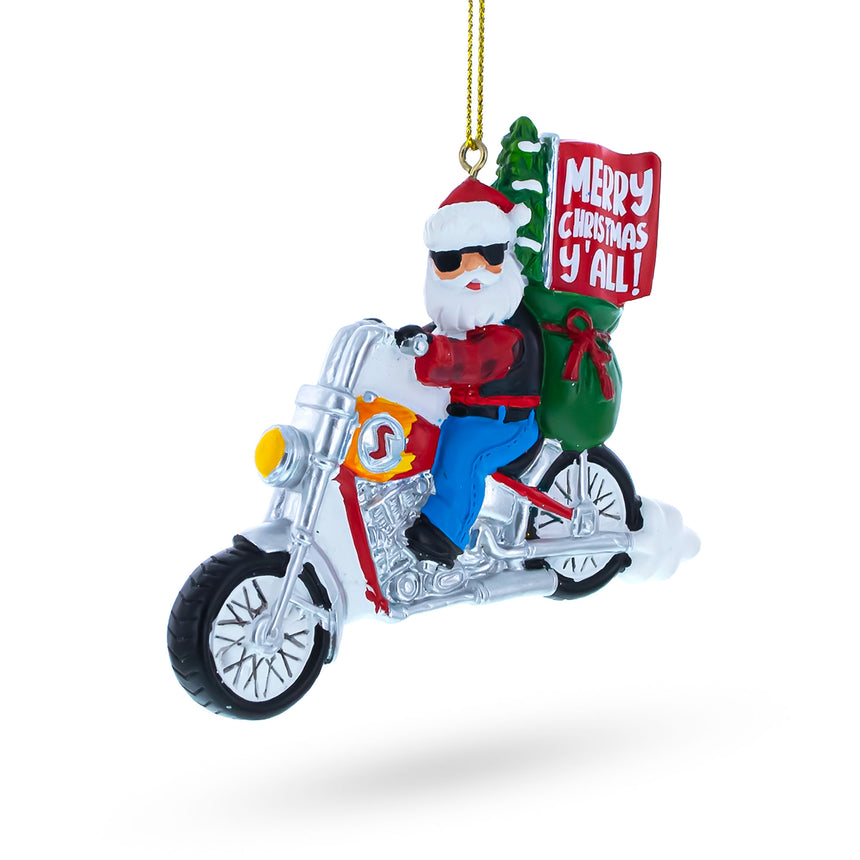 Glass Santa on Festive Motorcycle Resin Christmas Ornament in Multi color