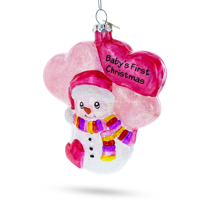 Glass Adorable Pink Snowman Baby's First Christmas Glass Ornament in Pink color