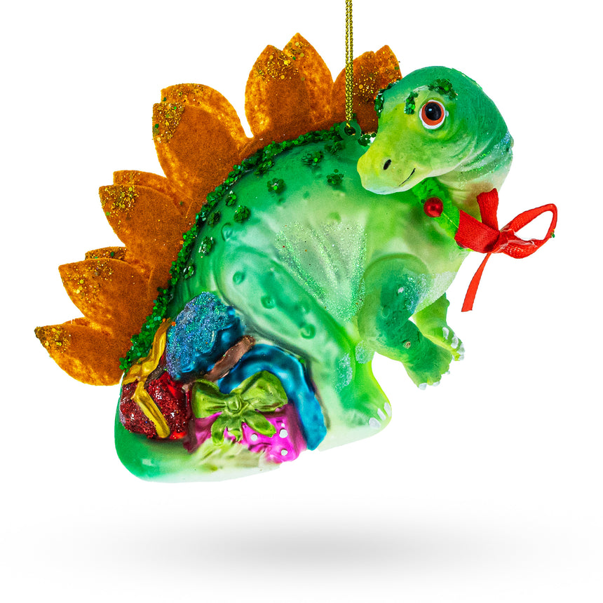 Glass Roaring Green Dinosaur with Gifts Glass Christmas Ornament in Multi color