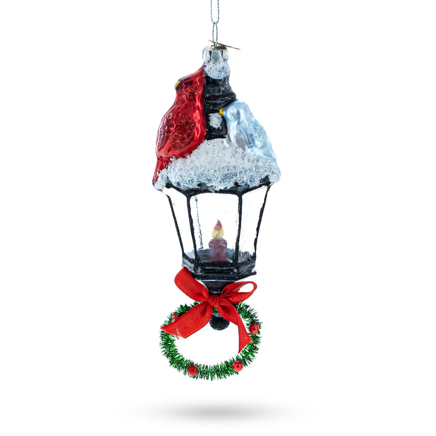 Glass Red Cardinal Perched on Snow-Capped Lantern Blown Glass Christmas Ornament in Multi color