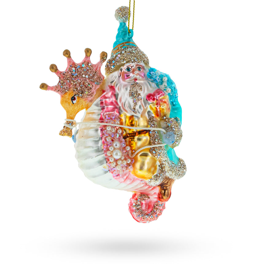 Glass Santa Riding Seahorse Blown Glass Christmas Ornament in Multi color