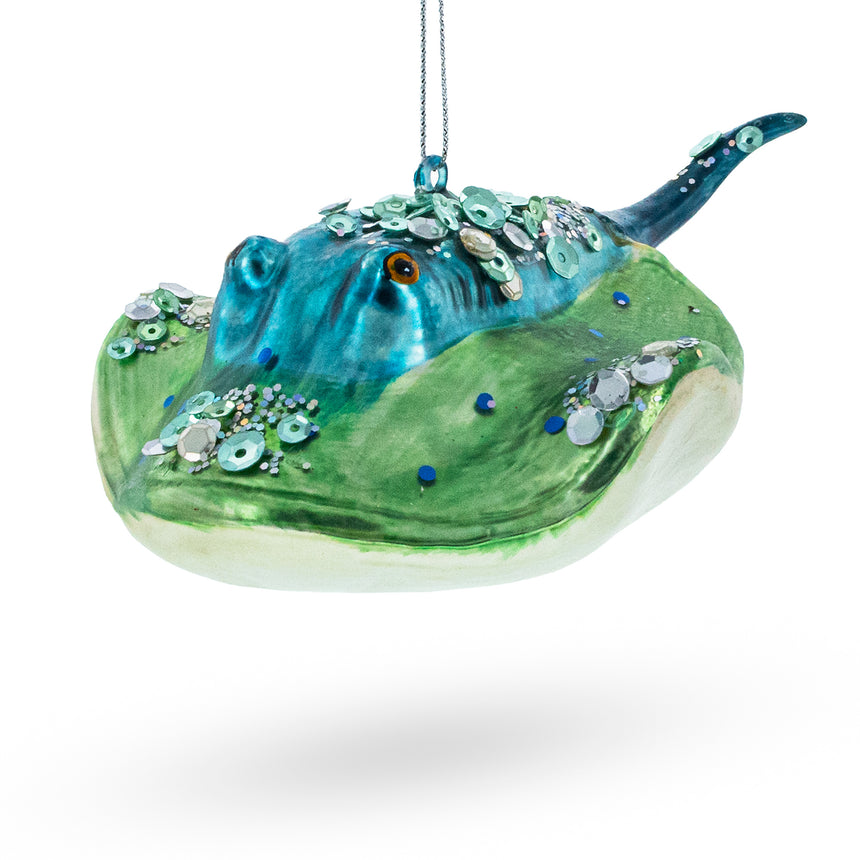 Glass Exquisite Jeweled Blue Stingray Glass Christmas Ornament in Multi color