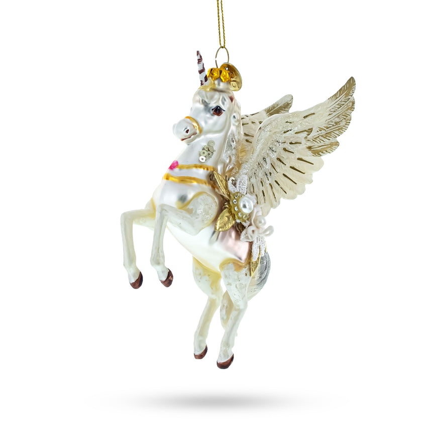 Glass Enchanting White Unicorn Blown Glass Christmas Ornament in White color