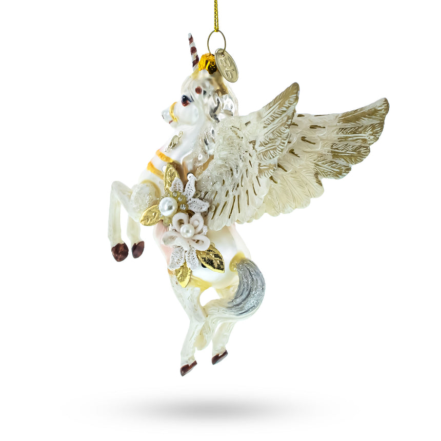 Enchanting White Unicorn Blown Glass Christmas Ornament ,dimensions in inches: 5.6 x 3.5 x 1.9