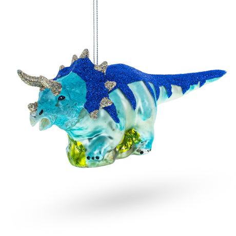 Glass Sparkling Glittered Dinosaur Blown Glass Christmas Ornament in Blue color