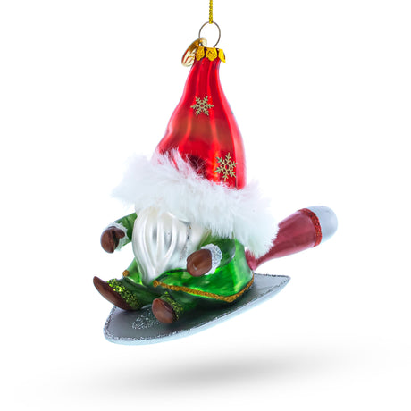 Glass Scandinavian Gnome Riding a Shield Blown Glass Christmas Ornament in Multi color