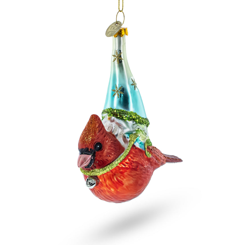 Glass Scandinavian Gnome Sailing Atop a Cardinal Bird Blown Glass Christmas Ornament in Multi color