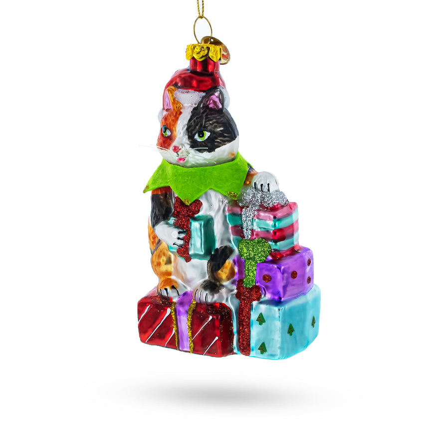 Glass Festive Cat Surrounded by Gift Boxes Blown Glass Christmas Ornament in Multi color