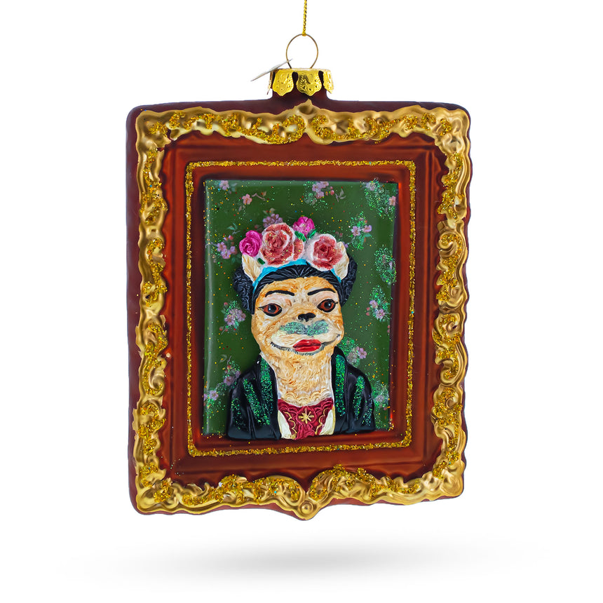 Glass Frida Kahlo Inspired Dog Art Blown Glass Christmas Ornament in Multi color Square