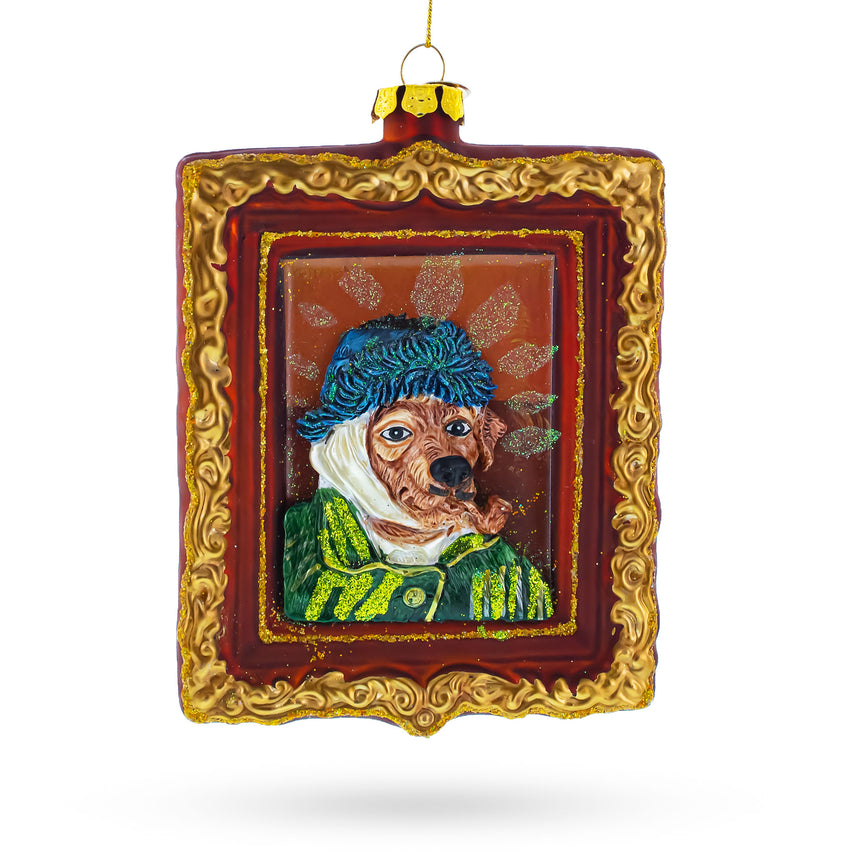 Glass Van Gogh Inspired Dog Portrait Glass Christmas Ornament in Multi color Square