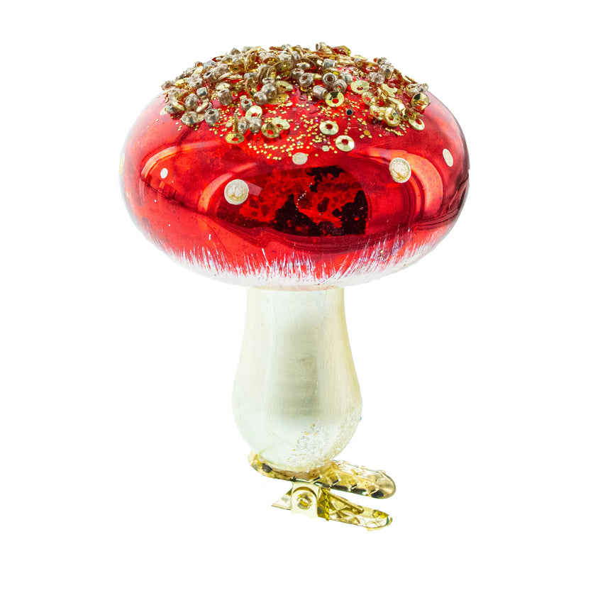 Glass Amanita Mushroom Whimsical Blown Glass Christmas Ornament in Red color