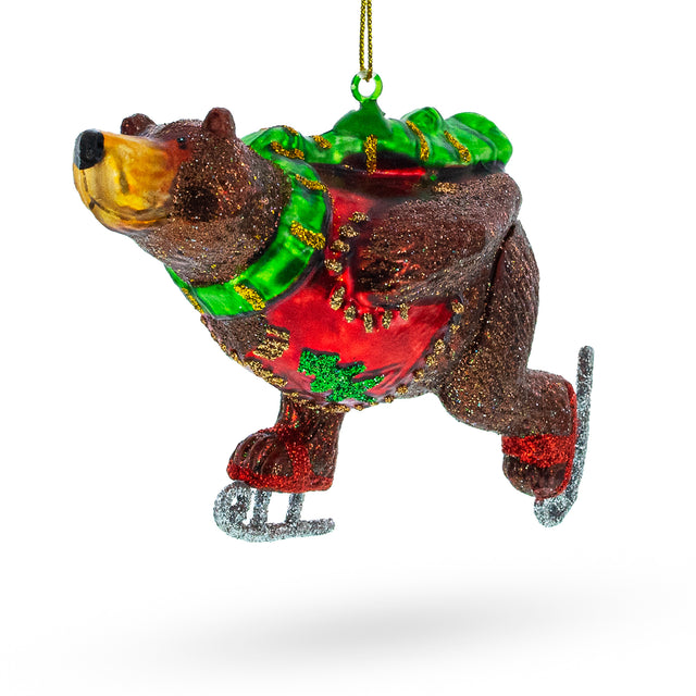 Glass Whimsical Skating Bear Glass Christmas Ornament in Brown color