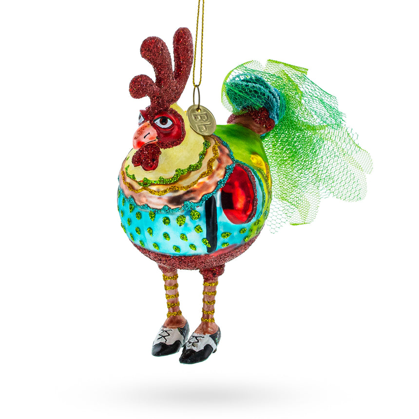 Glass Hen in Dress and Shoes Blown Glass Christmas Ornament in Multi color