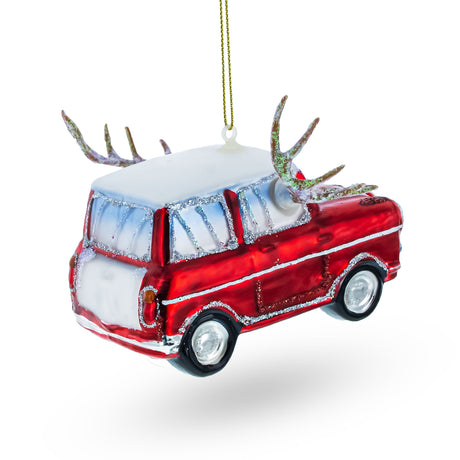 Car Decked Out with Nose & Antlers Glass Christmas Ornament ,dimensions in inches: 4.6 x 4.3 x 2.8