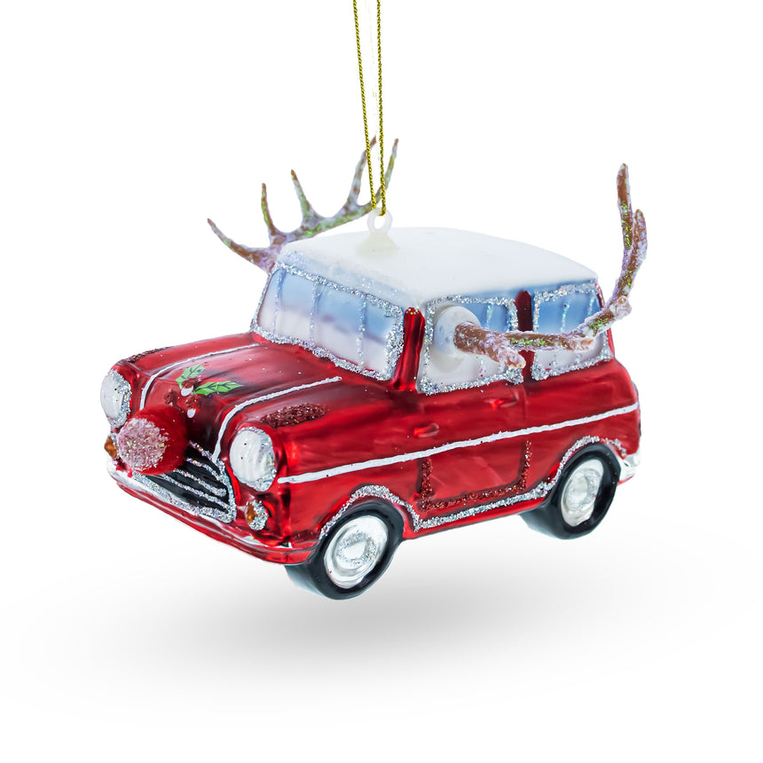 Glass Car Decked Out with Nose & Antlers Glass Christmas Ornament in Red color