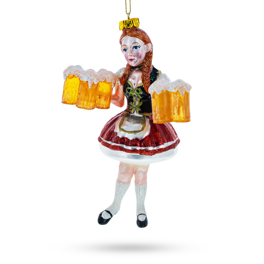 Glass Girl Holding Beer Blown Glass Christmas Ornament in Multi color