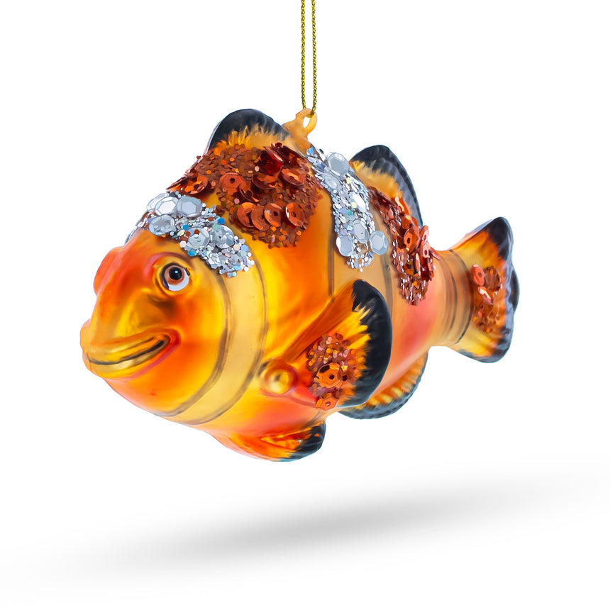 Glass Clownfish in Sparkle Blown Glass Christmas Ornament in Orange color