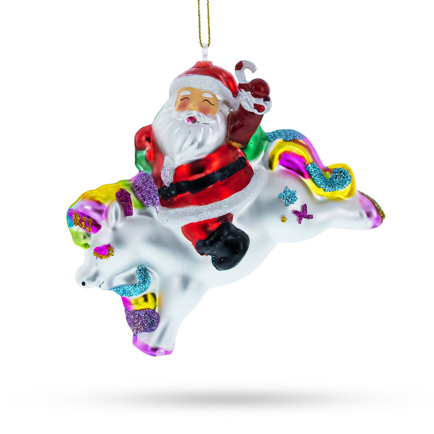 Glass Santa on a Unicorn Blown Glass Christmas Ornament in Multi color