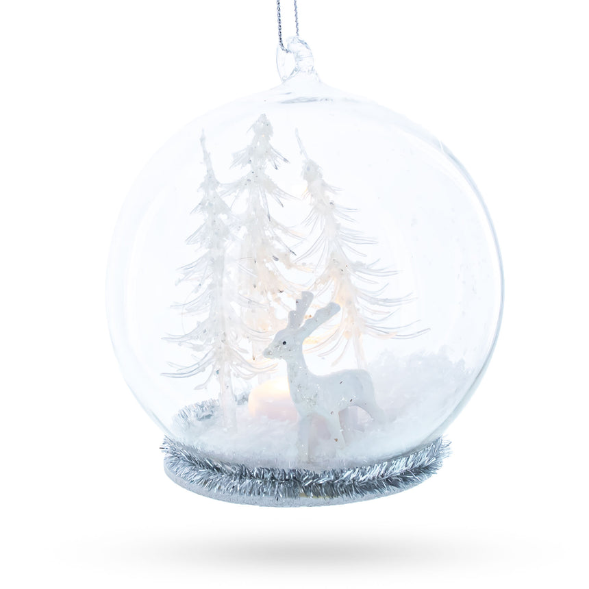 Glass White Deer in Snow Globe with Glistening Snowflakes Glass Christmas Ornament in White color Round