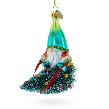 Glass Gnome Adventurer Riding a Festive Tree Blown Glass Christmas Ornament in Multi color