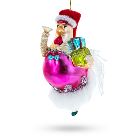 Glass Charming Chicken in Pink Dress - Blown Glass Christmas Ornament in Multi color