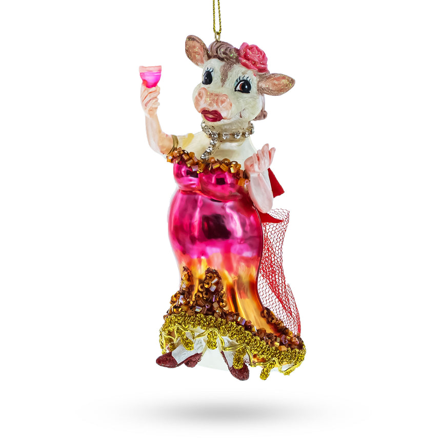 Glass Pink-Dressed Cow with Wine Glass  Christmas Ornament in Multi color