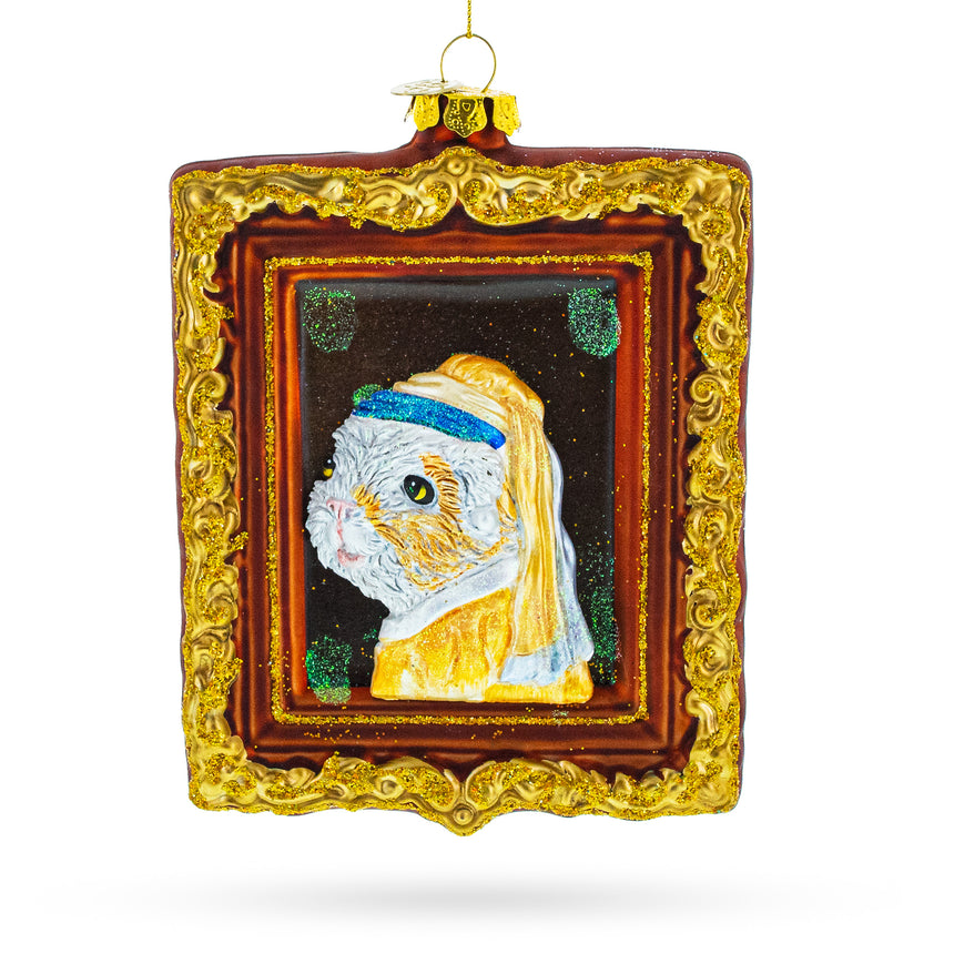 Glass Dog as 'Girl with a Pearl Earring' Painting Blown Glass Christmas Ornament in Multi color Square