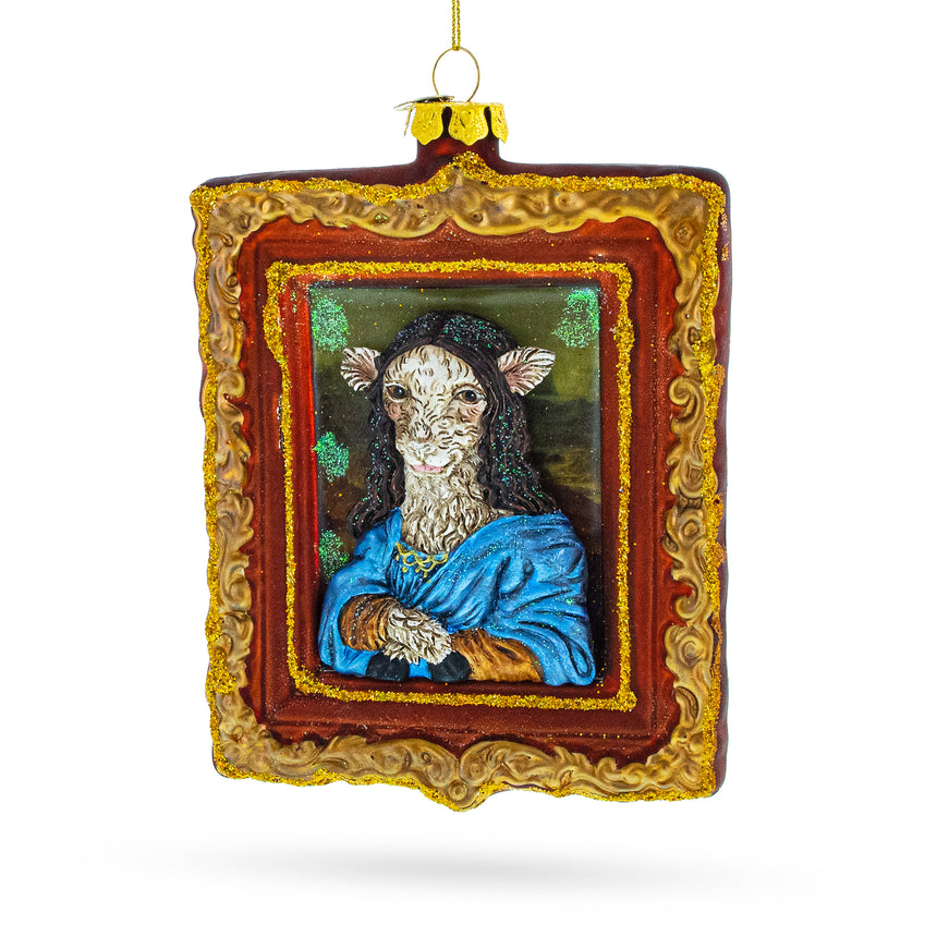 Glass Enchanting Mona Lisa Sheep Blown Glass Christmas Ornament in Multi color Square