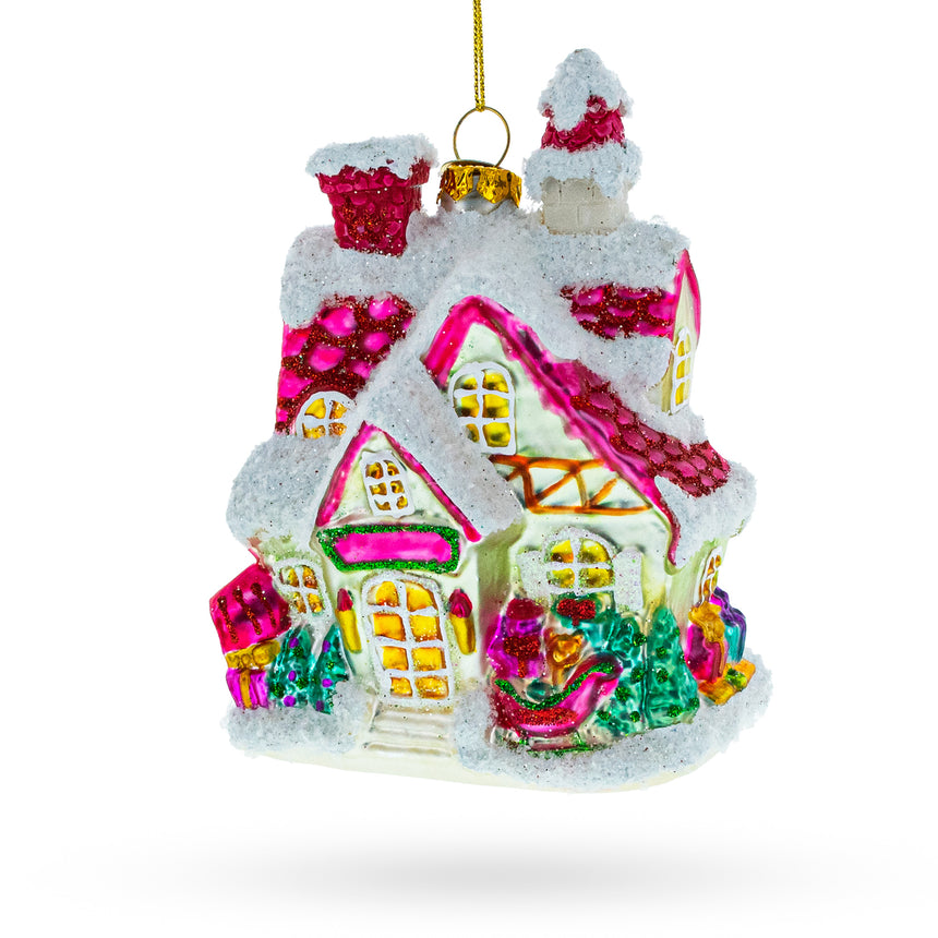 Glass Winter Wonderland Snow-Covered House Blown Glass Christmas Ornament in Multi color