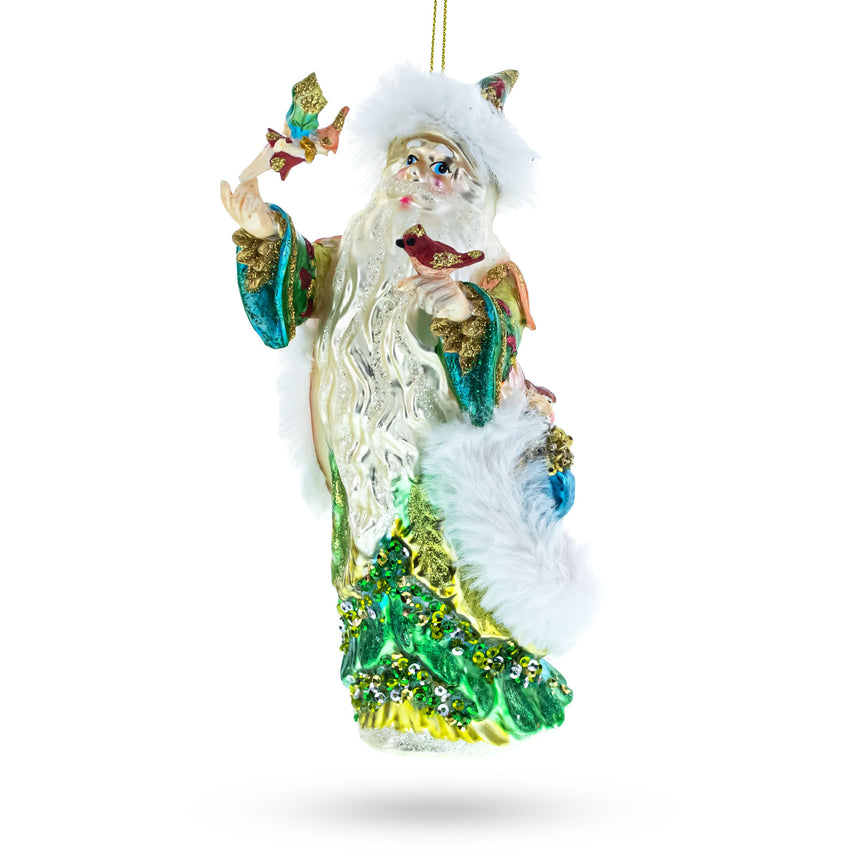 Glass Whimsical Santa in Green Holding Birds Blown Glass Christmas Ornament in Green color