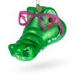 Glass Alligator Head with Glasses Blown Glass Christmas Ornament in Green color