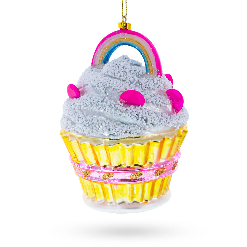 Glass Delightful Sprinkled Cupcake with Rainbow Blown Glass Christmas Ornament in Multi color