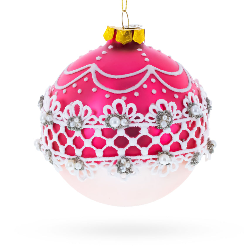 Glass Elegant Laced Pink Blown Glass Christmas Ornament in Pink color Round