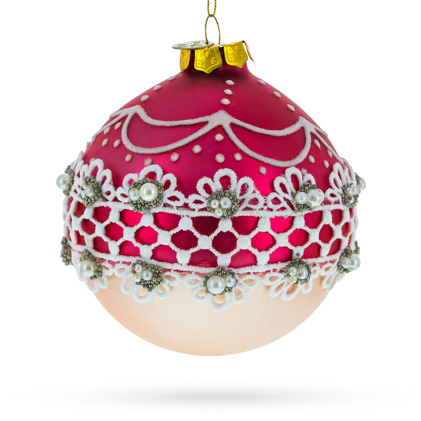 Glass Elegant Laced Pink Blown Glass Christmas Ornament in Pink color Round