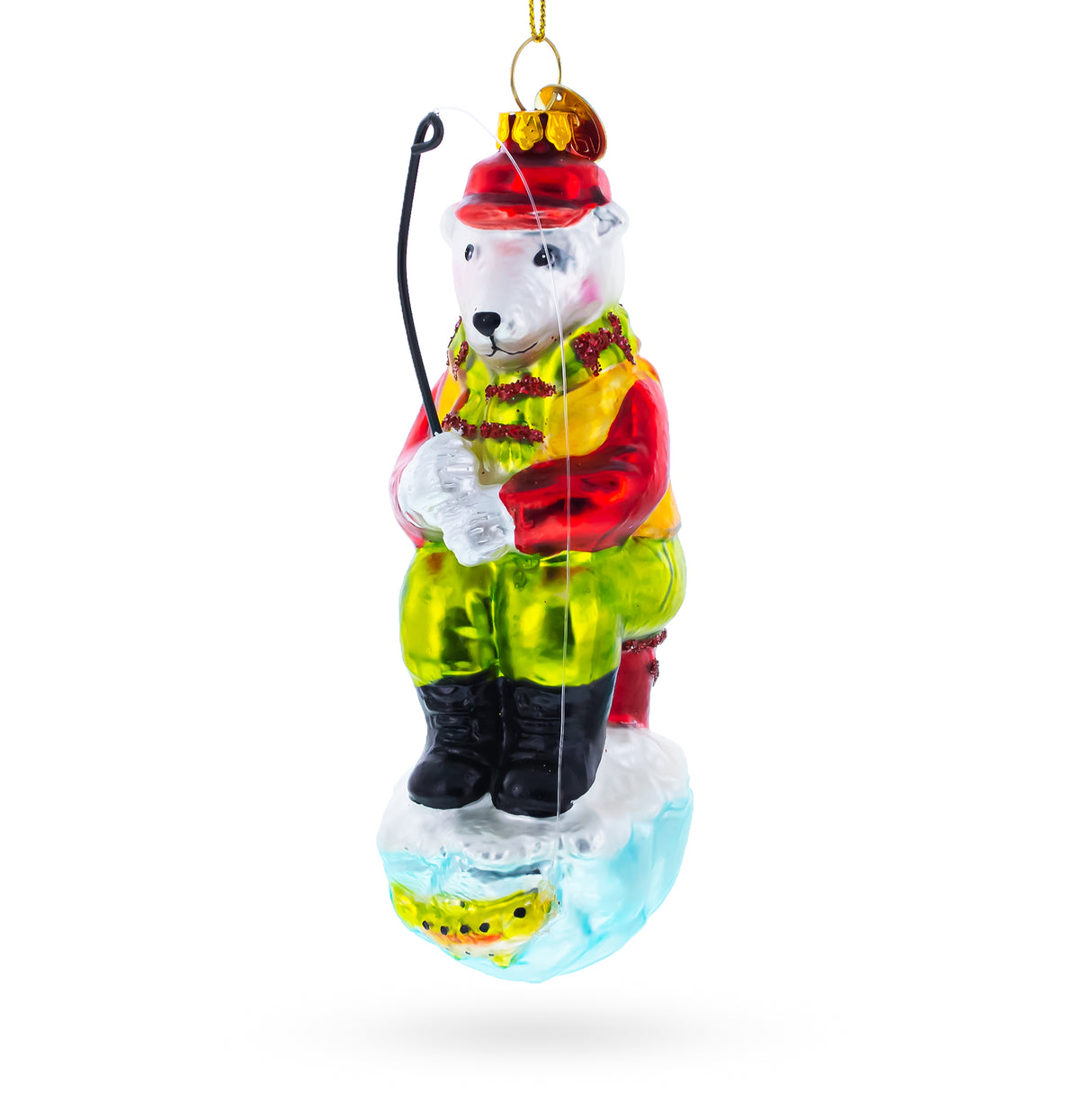 Glass Polar Bear Ice Fishing Blown Glass Christmas Ornament in Green color