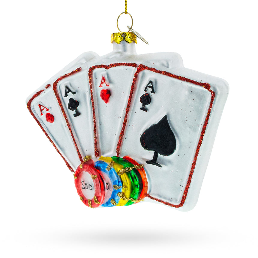 Glass Gaming Fun: Casino Chips and Playing Cards Blown Glass Christmas Ornament in Multi color