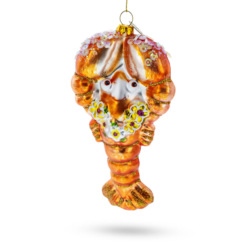 Glass Festive Lobster with Beads Blown Glass Christmas Ornament in Orange color