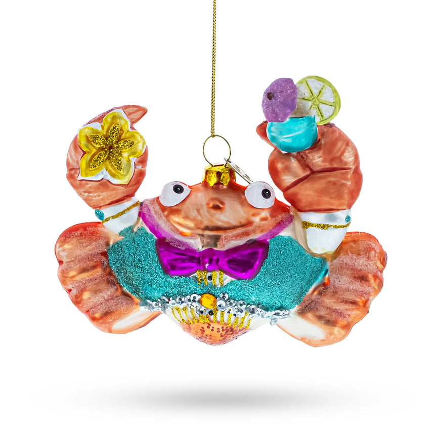 Glass Cheerful Crab at Cocktail Party Glass Christmas Ornament in Multi color