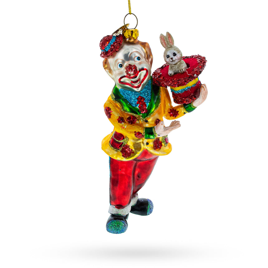 Glass Whimsical Magician Clown Rabbit in a Hat Trick Blown Glass Christmas Ornament in Multi color