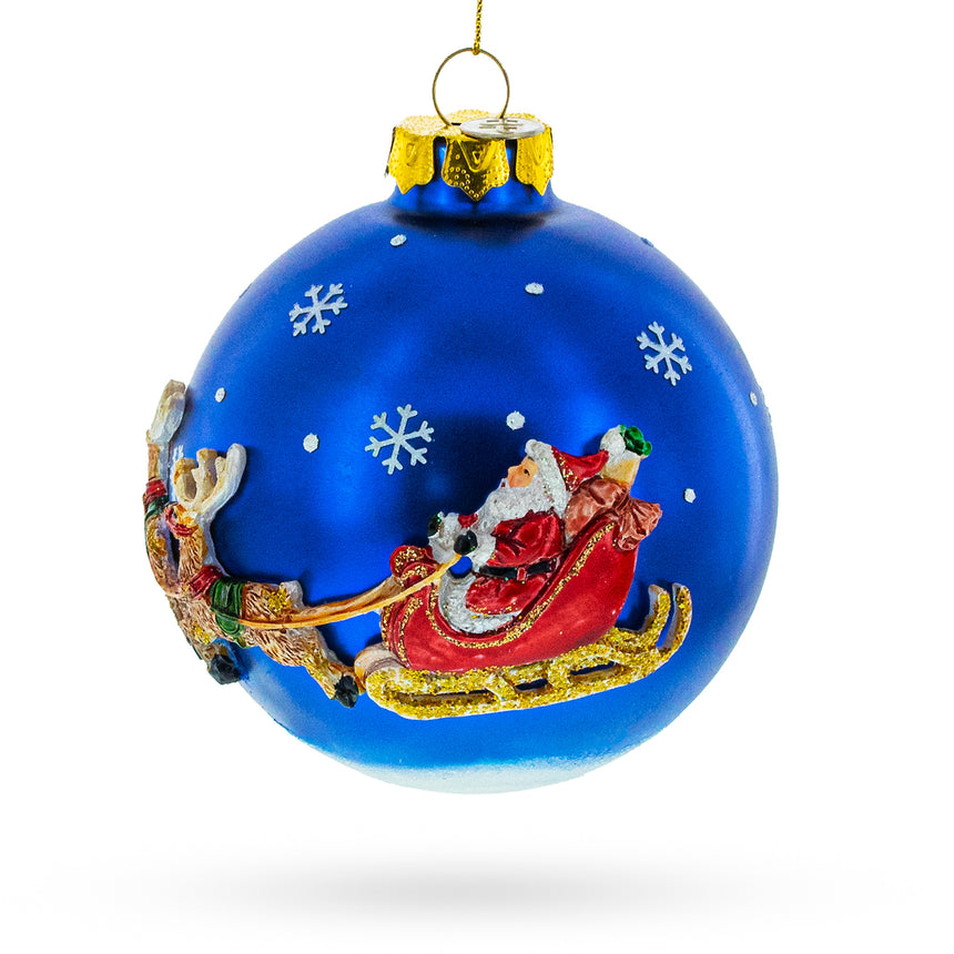 Glass Classic Santa Claus in Sleigh with Reindeer Blown Glass Christmas Ornament in Multi color Round