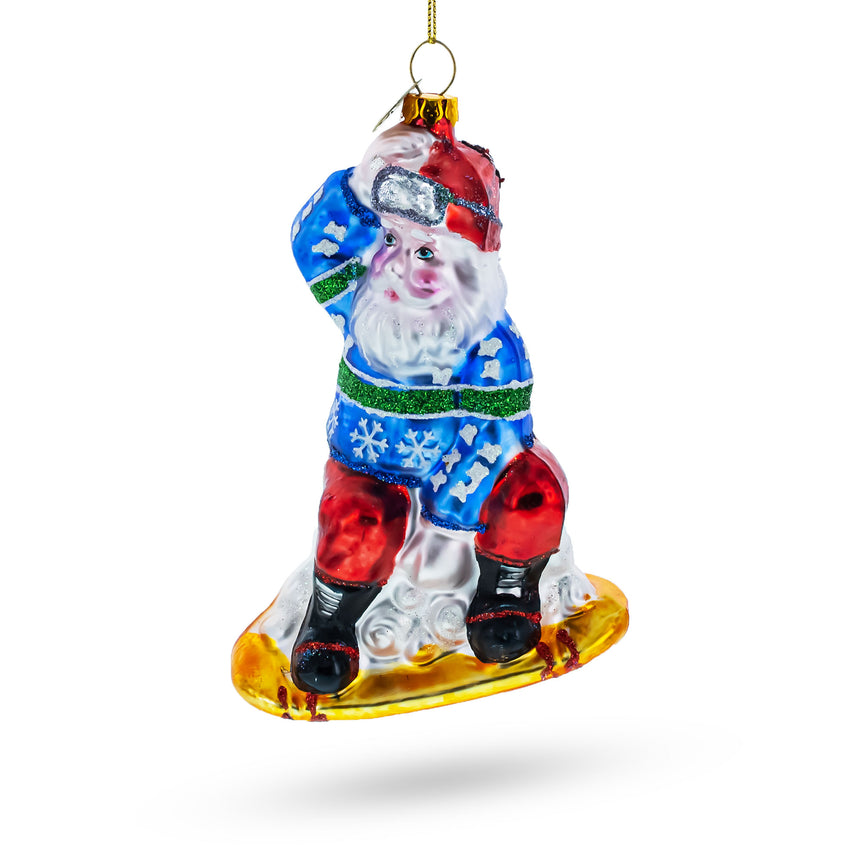 Glass Sporty Santa on Snowboard Blown Glass Christmas Ornament in Multi color