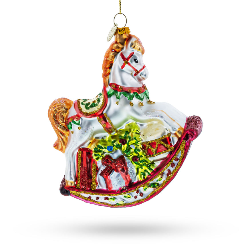 Glass Traditional Rocking Horse with Gifts Blown Glass Christmas Ornament in Multi color