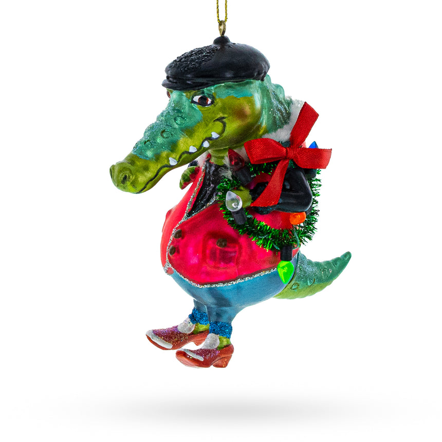 Glass Quirky Alligator Wearing Costume Glass Christmas Ornament in Multi color