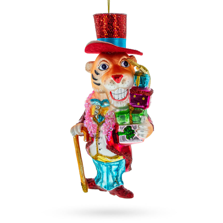 Glass Dapper Tiger Gentleman Blown Glass Christmas Ornament in Multi color